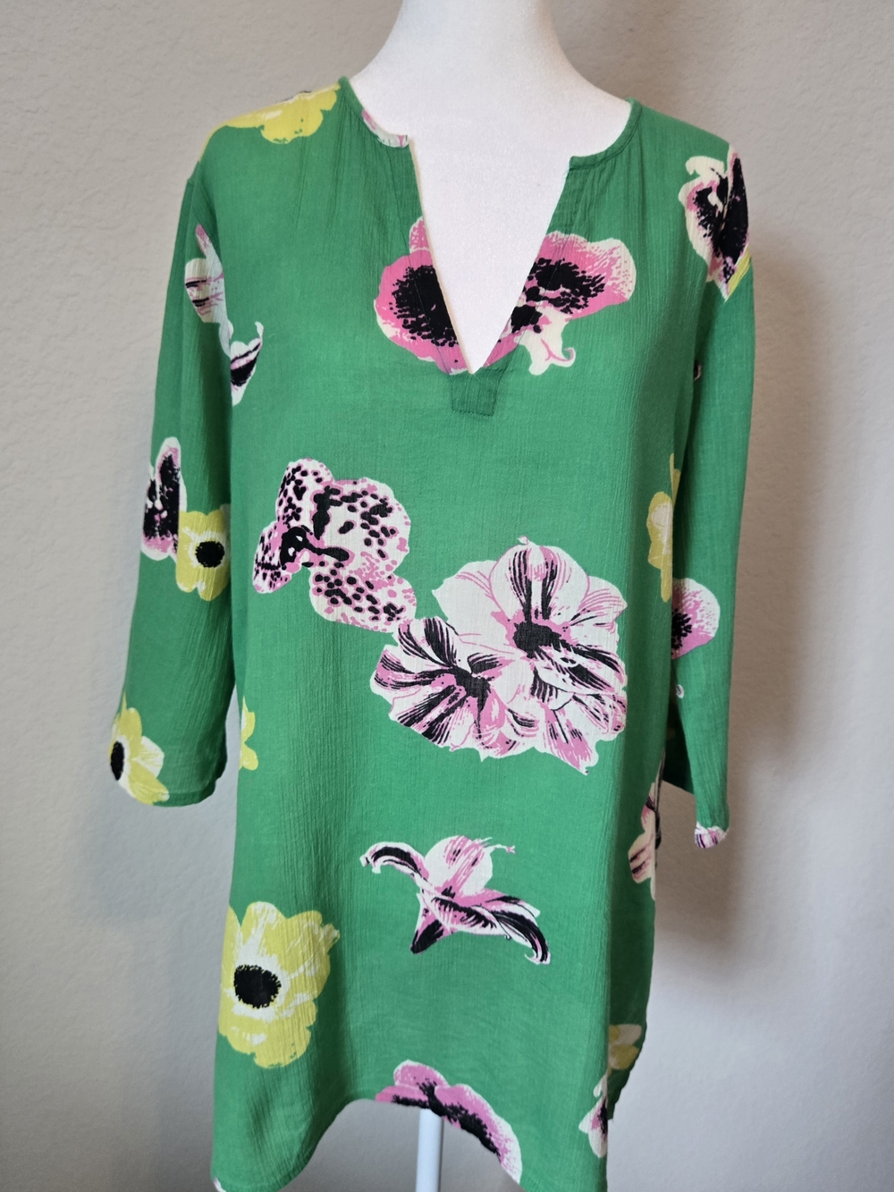 J.Crew Green Floral Tunic Top with Pink & White Blooms S